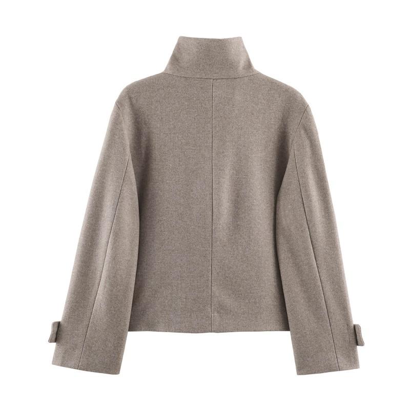 2026 Womens Street Fashion Long Sleeve Turtleneck Solid Color Double-Breasted Jacket W05
