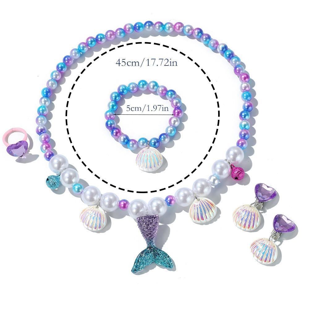 5Pcs Cute Mermaid Tail Necklace Bracelet Set Kids Colorful Acrylic Faux Pearl Beads Jewelry Princess Gift for Kids Girls