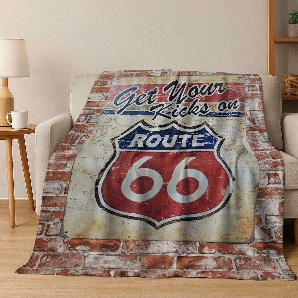Retro Route 66 Road Trip America Historic Mother Road Art Flannel Blanket,Cozy Soft Throw Blanket for Home Bedroom Bed Sofa Gift
