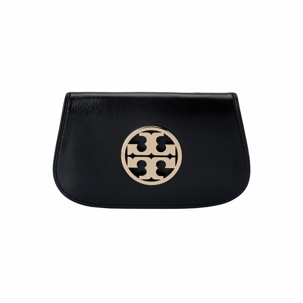 Tory Burch Reva Double T Logo Flap Removable Metal Shoulder Strap Leather Crossbody Clutch Women Handbags Black 152250-001