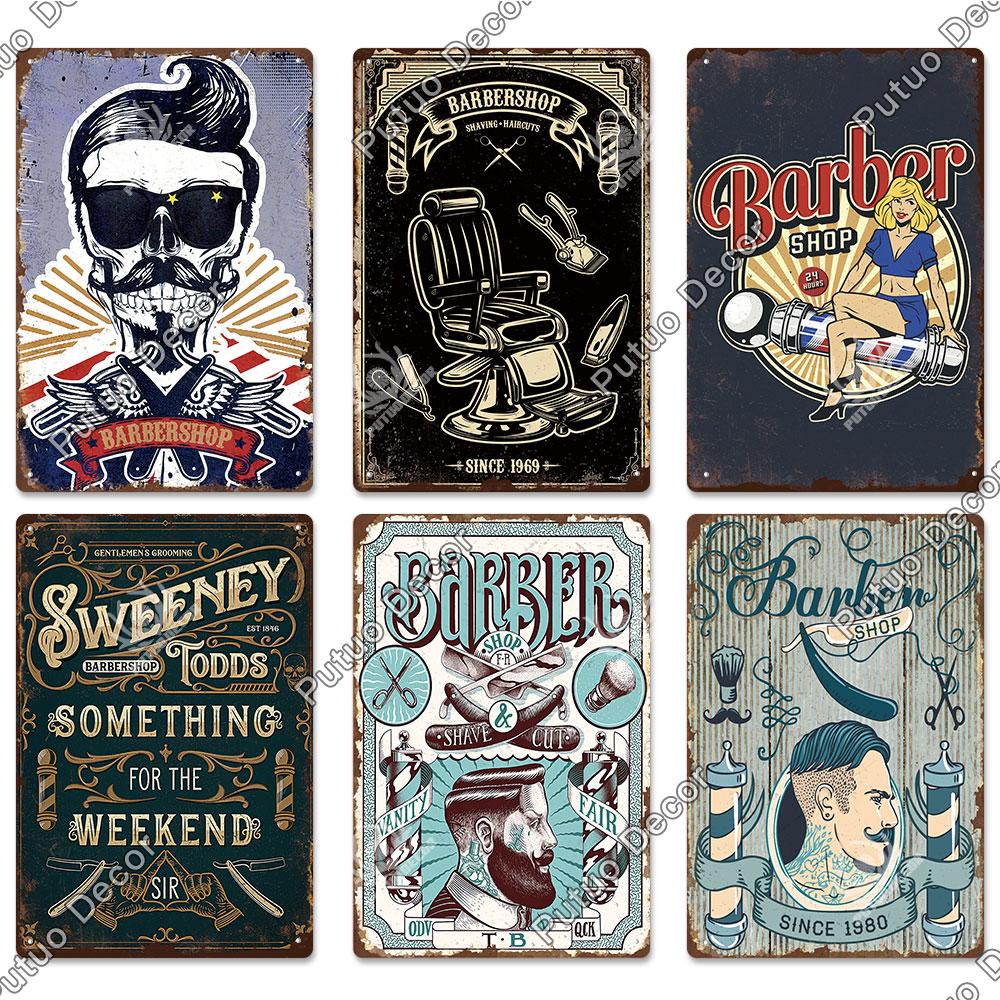 Decor Barber Tin Sign Plaque Metal Plate Vintage Retro Barber Shop Wall Art Posters Iron Painting for Room House Stickers