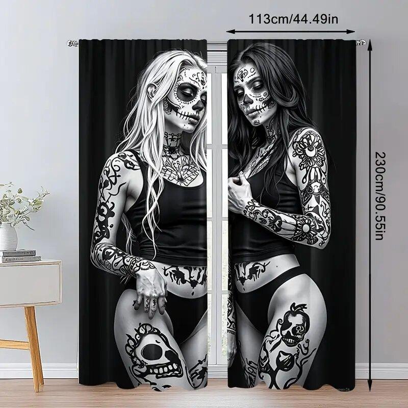 

2pcs- Day of the Dead Gothic printed curtains, pole bag curtains, bedroom and living room, room decoration 29Wx64L(75x166CM)x2