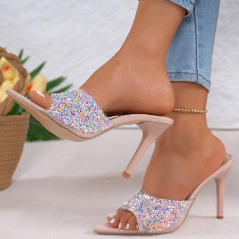 Fashion Temperament Slippers Women Summer New Pointed Toe Open Toe Rhinestone Outside Wear Slip Anti-Slip Wear-Resistant Stiletto