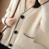 Høst vinter genser Cardigan ny V-hals kvinners langermet strikket cardigan mote med lommer enkeltspent fargeblokkerende paragraf cardigan