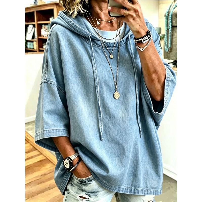 2026 Damska Oversize Jeansowa Bluza z Kapturem Rękawy nietoperz Luźny Krój Casual Chic Bluzka