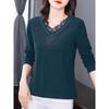 Damenbekleidung Herbst Winter Stilvolle Strassspitze Patchwork Dicke Basic T-Shirts Damen Einfarbig V-Ausschnitt Langarm Locker Oberteile