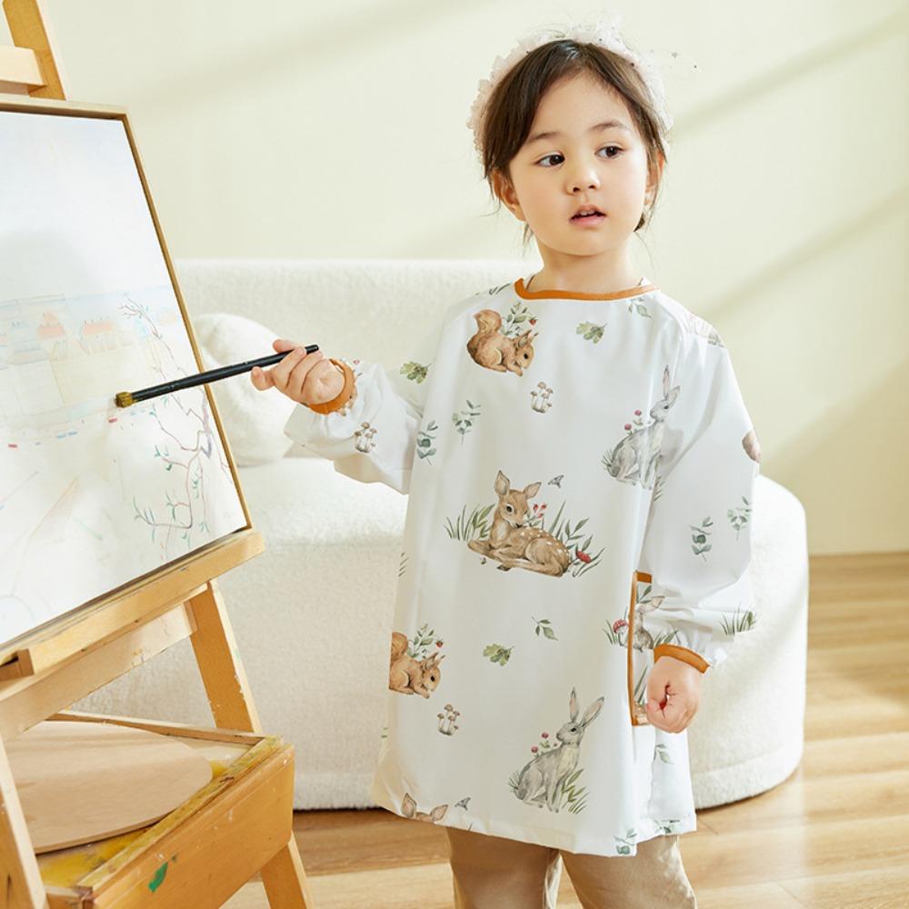 Kids Waterproof Apron Rabbit Print Long-Sleeve Stain-Resistant Art Smock for Boys Girls Bibs Easy Clean Children Painting Aprons