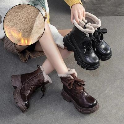 Botas Curtas Versáteis Quentes de Pelúcia Clássicas Retrô Sapatos Femininos de Couro Genuíno com Solado Grosso