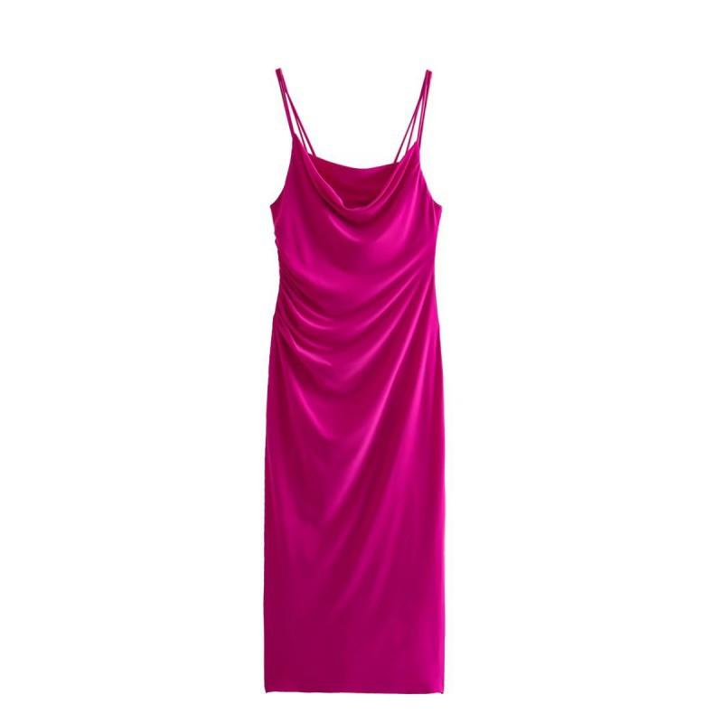 

European American Women s Clothing Summer Sexy Slim Sling Pleated Drop Collar Long Dress M