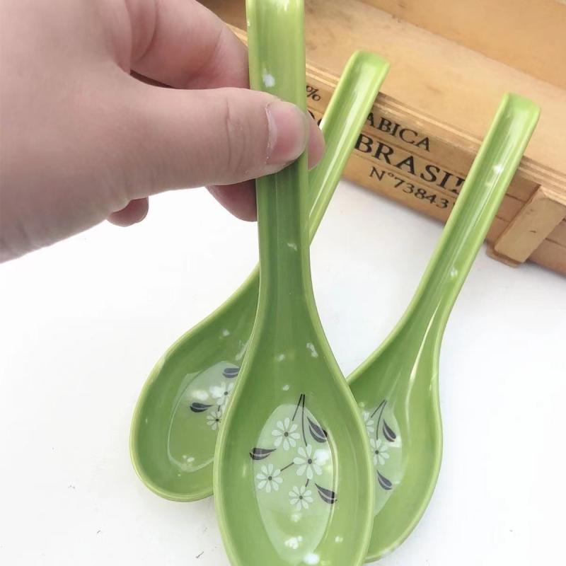 5/10Pcs Break-Resistant Melamine Spoon Thickened Flower Soup Spoons With Hook Portable Long Handle Plastic Food Tableware Green