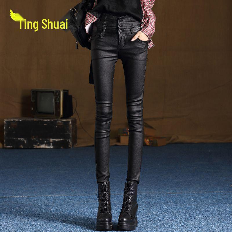Women's High Waist Matte PU Leather Fleece-Lined Slimming Pants - Winter Base Layer