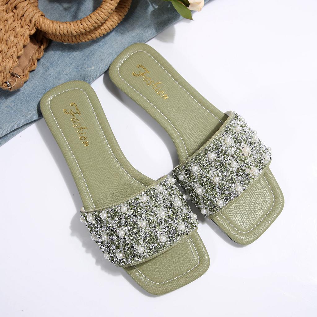 [Foreign Trade] Slippers Female Summer Wear Fashion Internet Celebrity Rhinestone Fairy Wind Flat Bottom One Word Cool Slippers