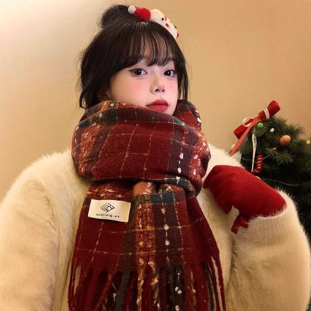 Red Plaid Fringed Scarf Women's Winter Korean Atmosphere Thickened and Kept Warm New Year's Christmas Scarf Student Shawl