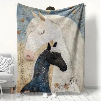 Bohemian Horse Pair Flannel Blanket Need Fly Art Throw Soft Cozy for Horse Lover Home Decor Warm Sofa Couch Gift