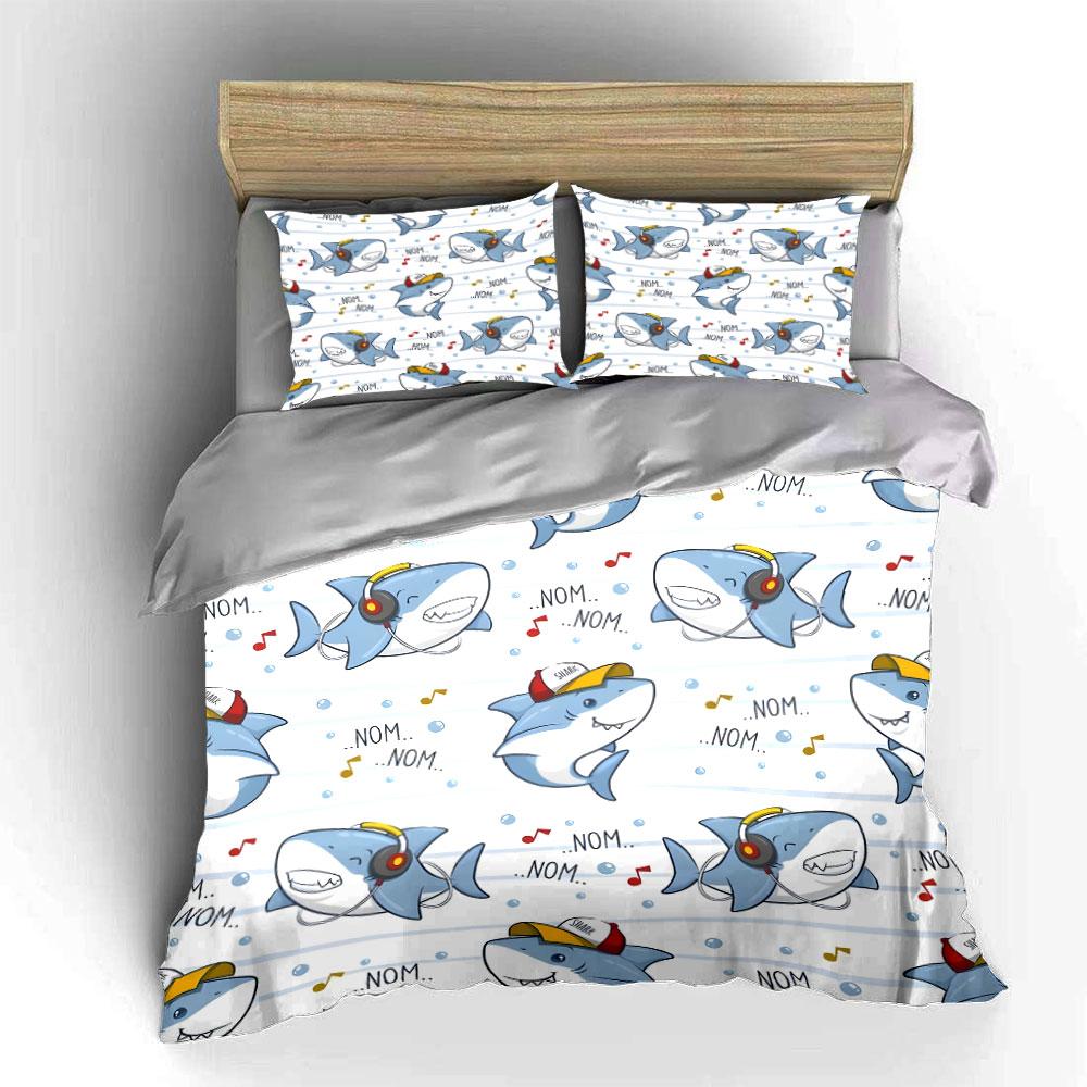 Cartoon Sharks With Headphones And Hats Printed Duvet Cover Set1 Duvet Cover+2 Pillowcasemulti Size Bedroom Bedding Decor