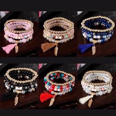 Bohemian vícevrstvý korálkový náramek s třásní a přívěsky listů