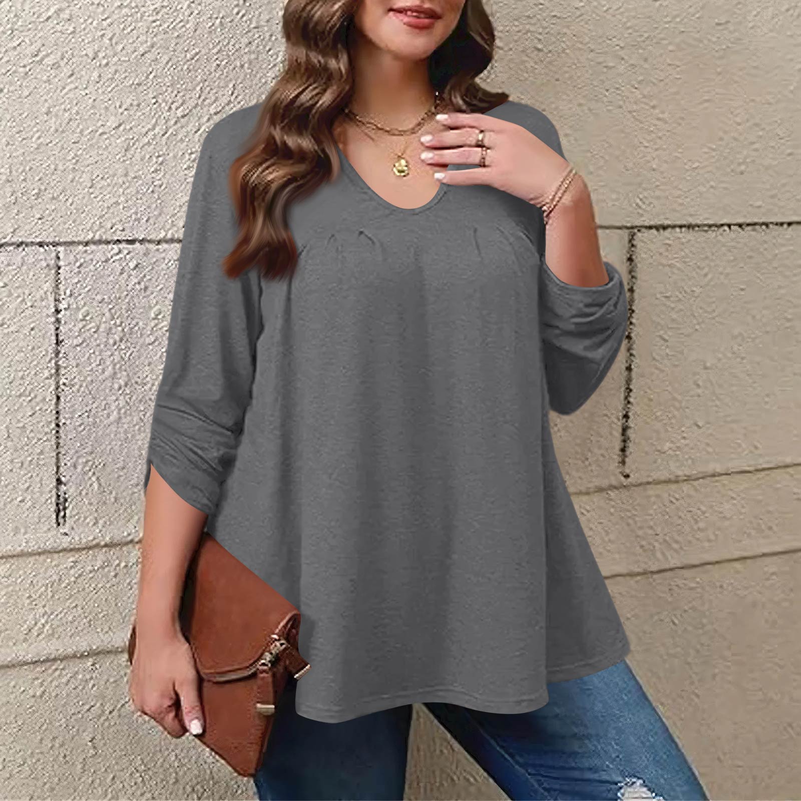 

Женский модный топ большого размера, однотонный, повседневный, плиссированный, с круглым вырезом и длинными рукавами XXL