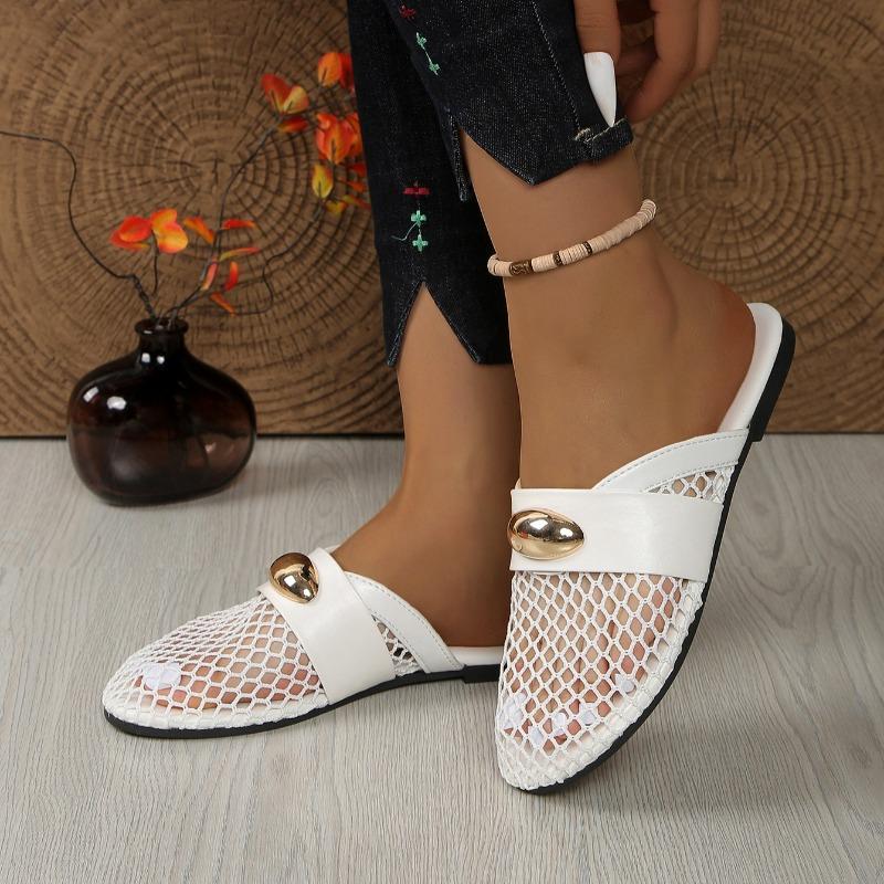 Mesh Breathable Baotou Semi-slippers Women's Spring and Summer New Round Head Metal Buckle Soft Bottom Flat Bottom Cool Mop