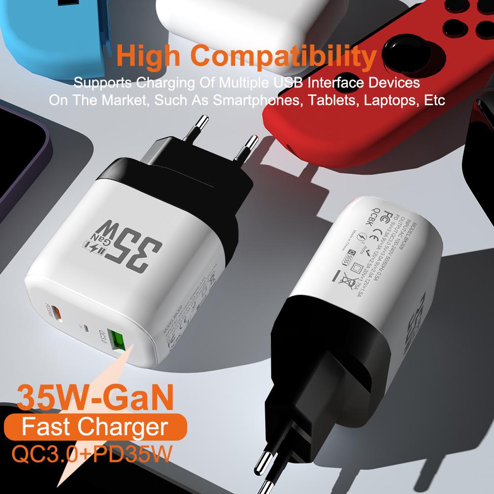 35W GaN Fast Charger with QC 3.0 & PD, Compatible with European & American Standards (9V/12V)