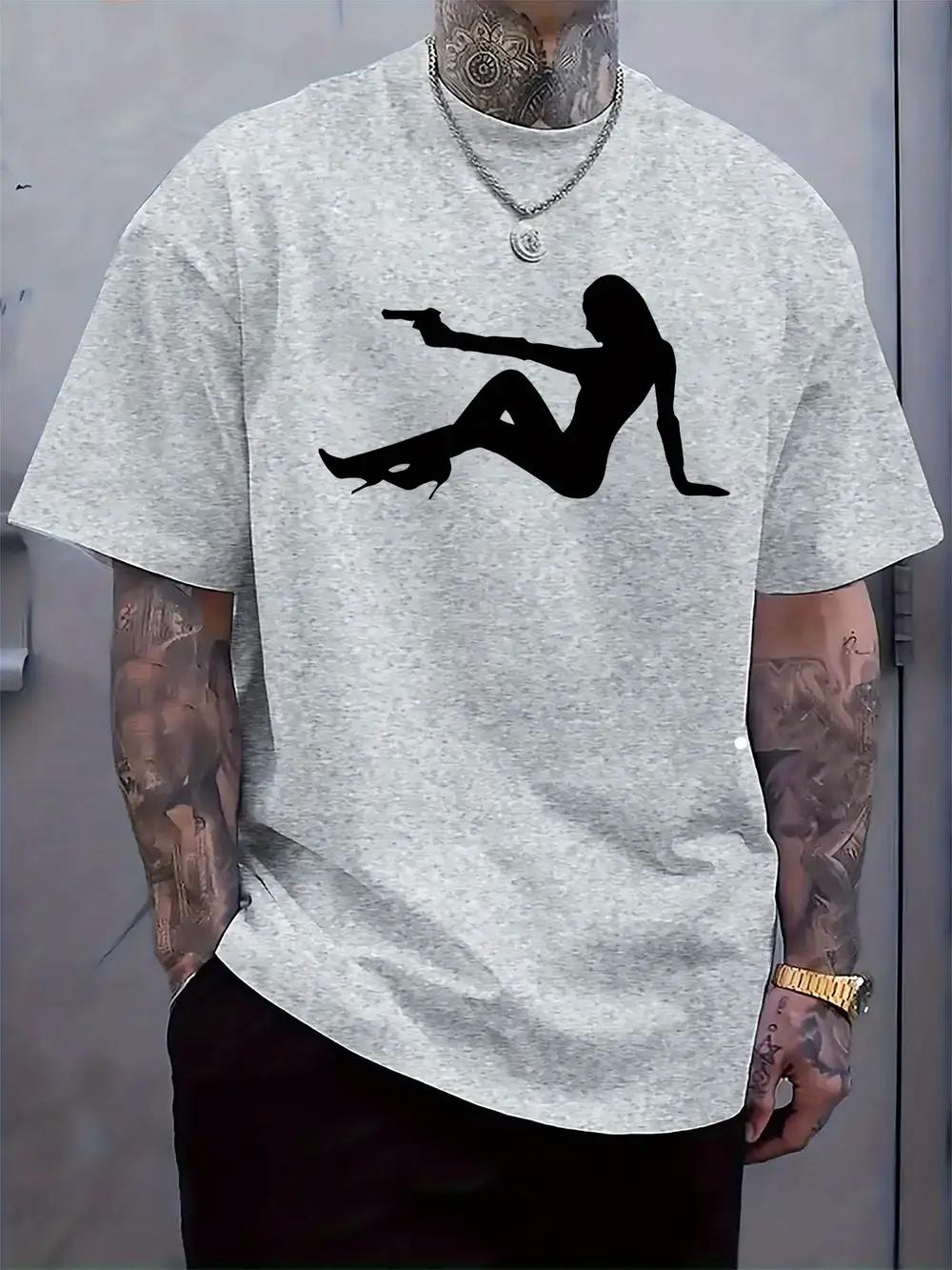

Casual Crew Neck T-shirt with Silhouette Girl Print - Stylish Short Sleeve Tee for Spring & Summer L
