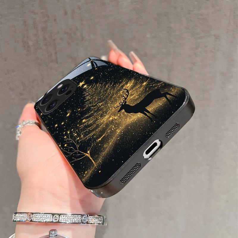 New Year Tree Cute Deer Pattern Tempered Glass Phone Case For iPhone 17 16 15 14 13 12 11 Pro Max 17 Air 7 8 Plus XR XS X Cover