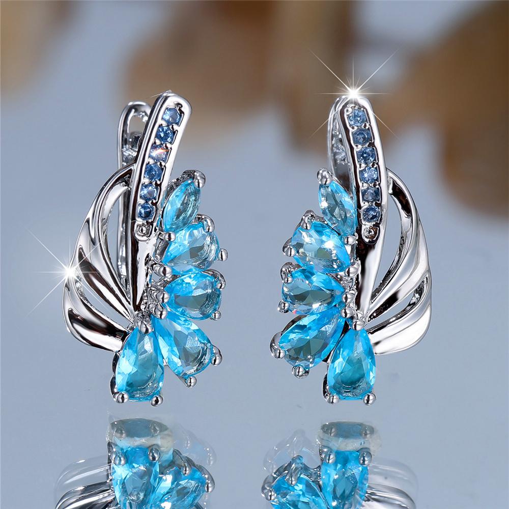 Charm Female Light Blue Zircon Stone Hoop Earrings Silver Color Simple Wedding  For Women