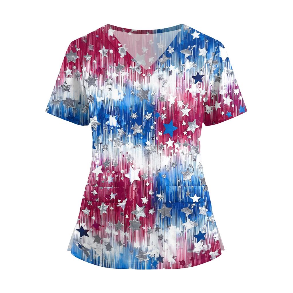 Women's V Neck Short Sleeve Work Top with Pockets Split Hem Independent Day Print Shirt Medical Uniform Nurse Scrub Shirt