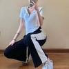 Summer New Women Drawstring Elastic High Waist Pocket Sports Loose Straight Pants