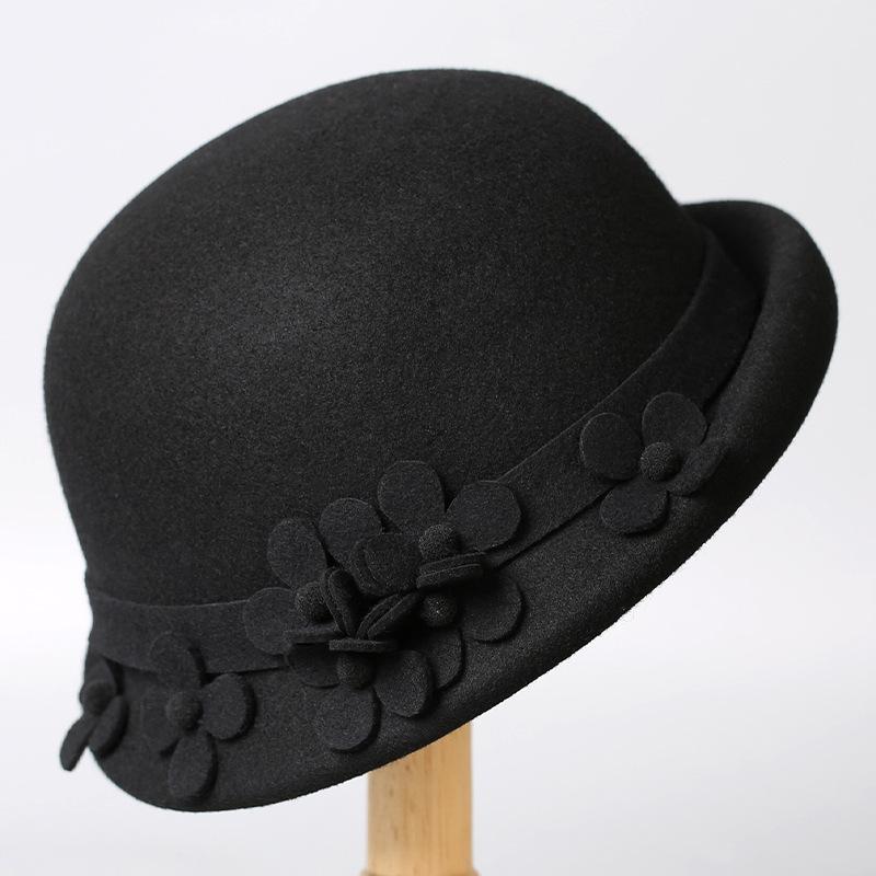 Autumn and winter new woolen hat female elegance flower temperament small edge top hat outdoor travel versatile thermal basin hat