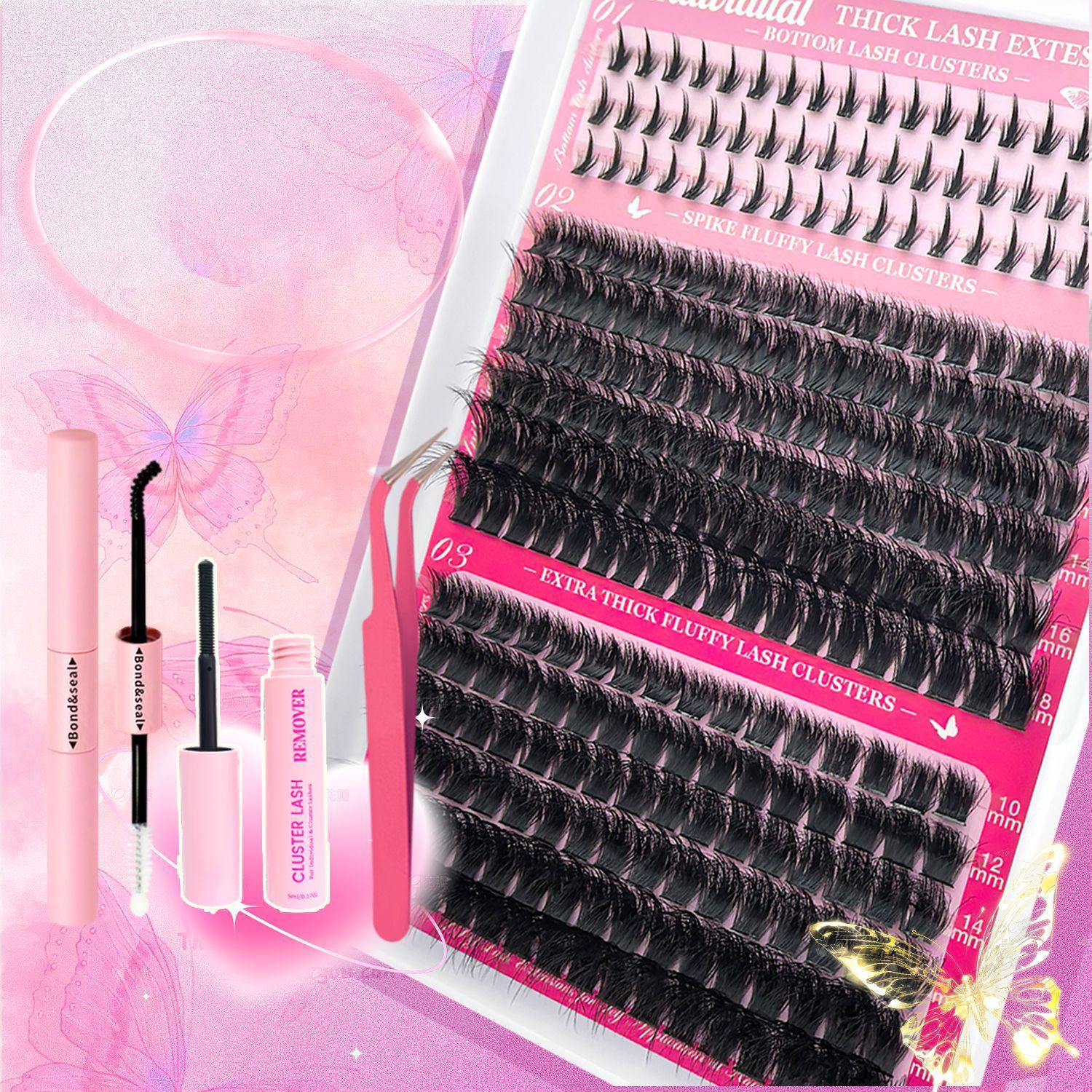 

Volume Mixed False Eyelashes Kit - Includes Upper & Lower Lashes, Dual-Ended Glue, Glue Remover, Tweezers, 80D+100D Sectioned Heat-Bonded Cluster 15-rows combination set