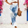 Women Plus Size Blue White Abstract Printed Wide Leg Full Length Loose Pants