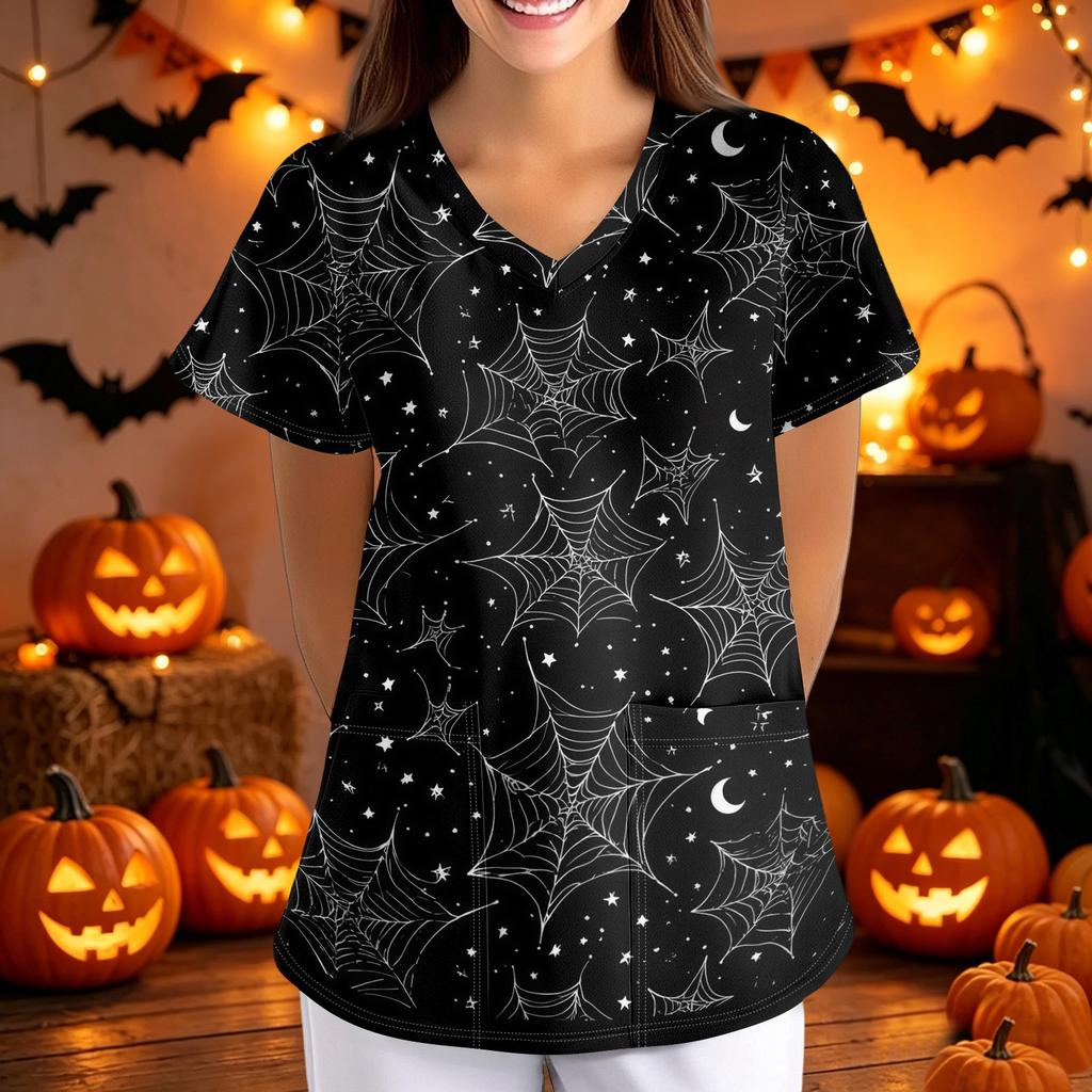 Women's Halloween Print Loose Fit V Neck Pocket Short Sleeve Medical Scrub Top Nurse Uniform Workwear