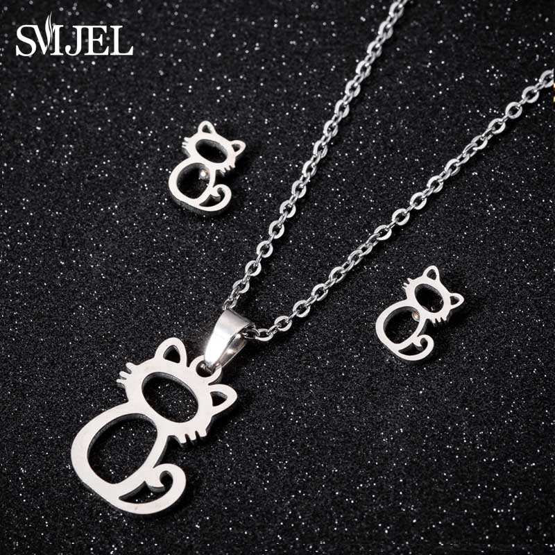 Lovely Gold Color Kitten Cat Stainless Steel Zircon Set Necklaces Men Collares Fashion Hollow Cat Earring Necklace Paw Zircon