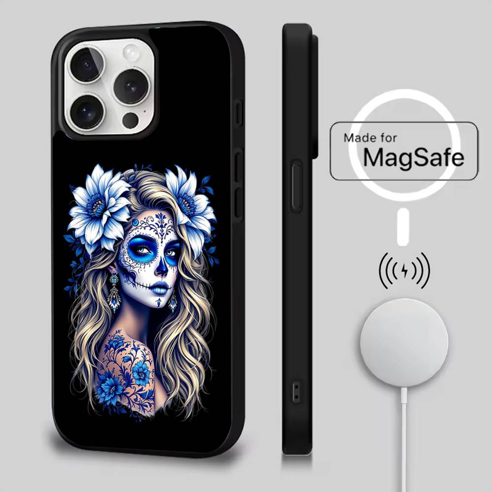 Mexican Catrina Skull Phone Case For iPhone 17,16,15,14,13,12,11,Pro,Max,Plus,Mini,Air,SE New Magsafe Magnetic Wireless Charging