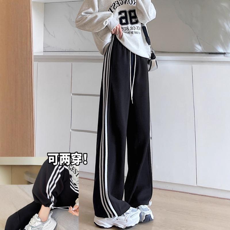 Striped sweatpants women's fall straight sweatpants small junior high school black tied feet loose wide-leg pants