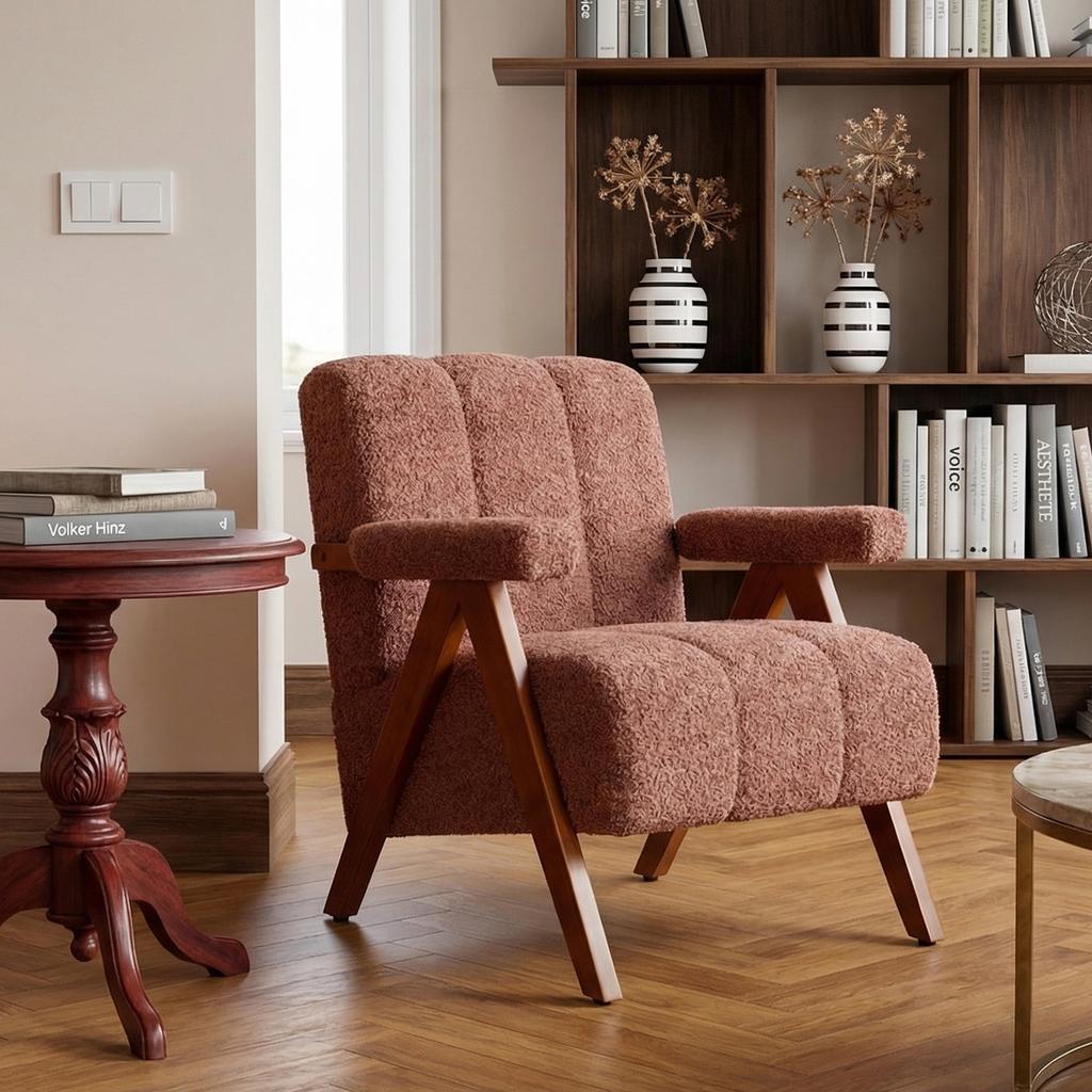 Bouclé Seating Furniture with Wooden Frame, Armchair for Living Room, Bedroom, Rust Red