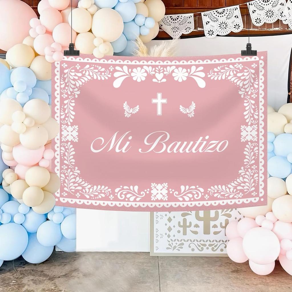 Mi Bautizo Banner Backdrop for Girl Pink Mexican Baptism Party Decorations God Bless First Holy Communion Photography Background Mexican Cielito