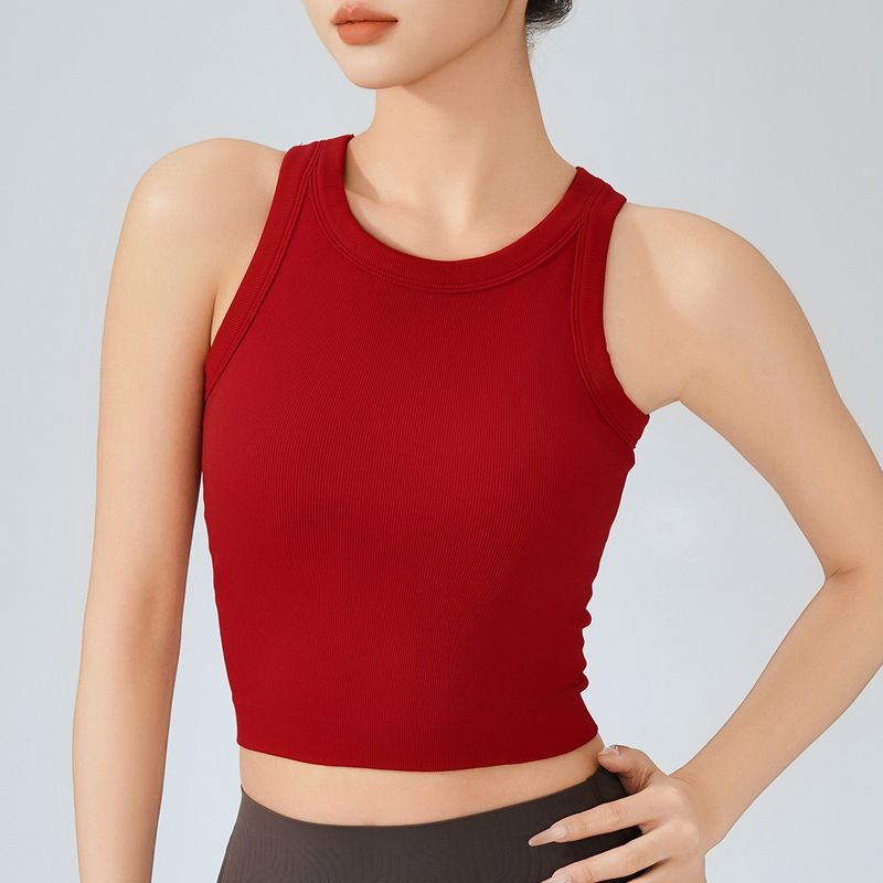 

Высокопрочное фиксированное чашечное йога-белье, ударопрочное, с нагрудной подушечкой, быстросохнущее, с круглым вырезом, для бега, спорта, фитнеса, женский жилет I-образной формы Deep red M(50.00 kg-59.00 kg)