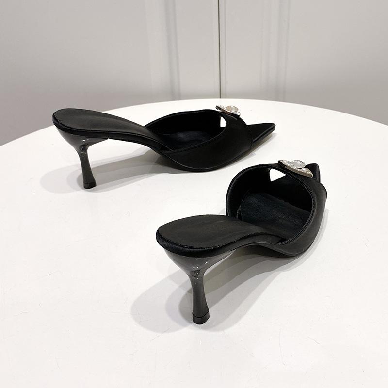 2025 summer pointed open-toed rhinestone high-heeled sandals stiletto one pedal pink high-heeled shoes European and American style