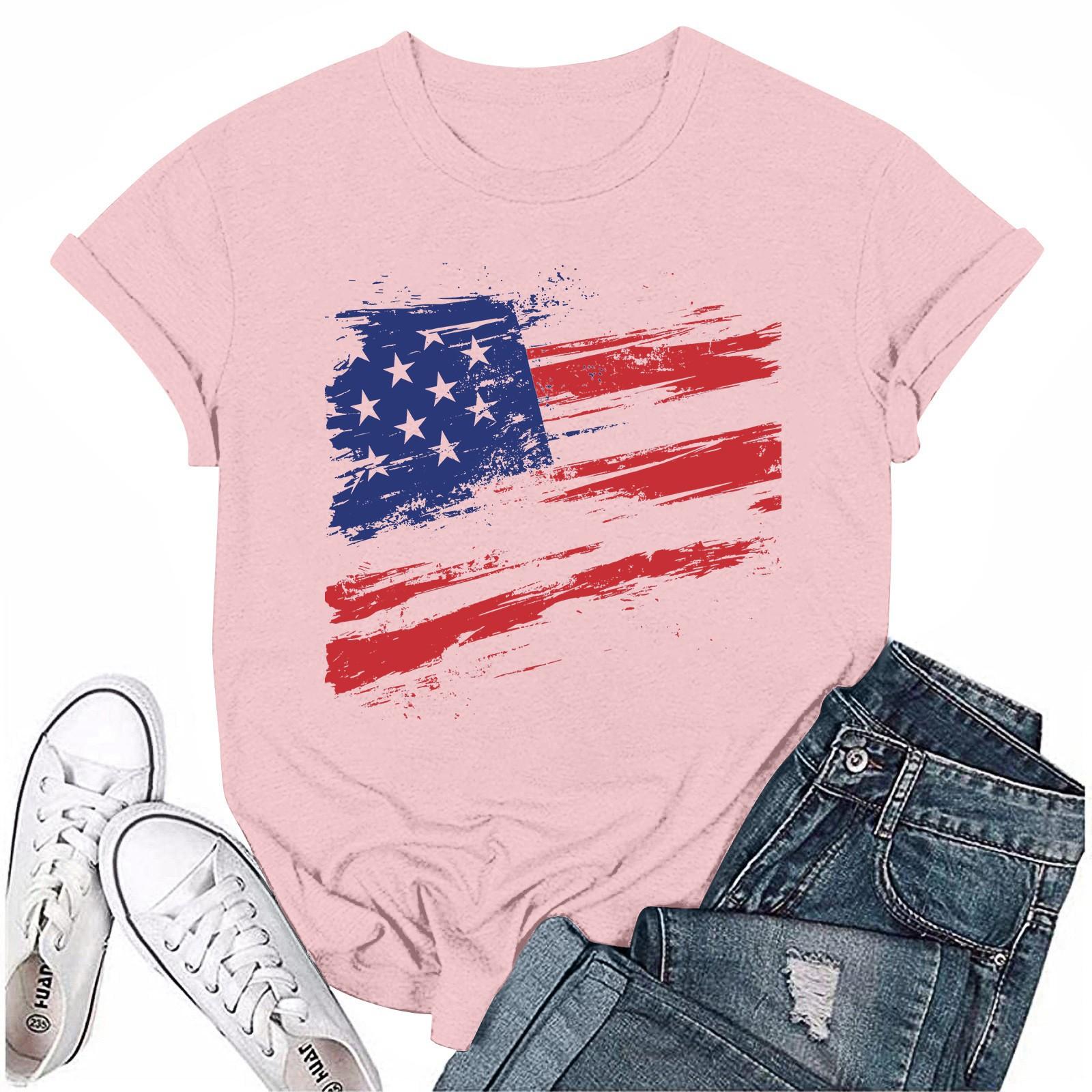 

Adults Casual Daily Round Neck Independence Day Printed Short Sleeved T-shirt Letter Top L рожевий