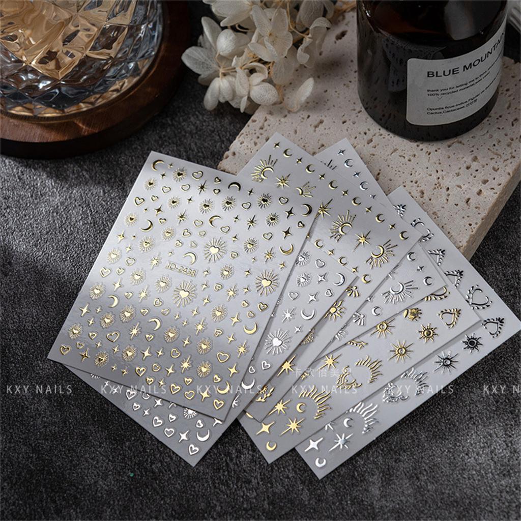 Random 5pcs Gold Silver Nail Art Decal Stickers Mixed Shapes Design Self-adhesive Sticker Acrylic Manicure Decorations Accessory