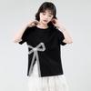 Women's Irregular Split Short-Sleeve Tee, Summer 2025, Loose Fit for Petite, Bowknot Design