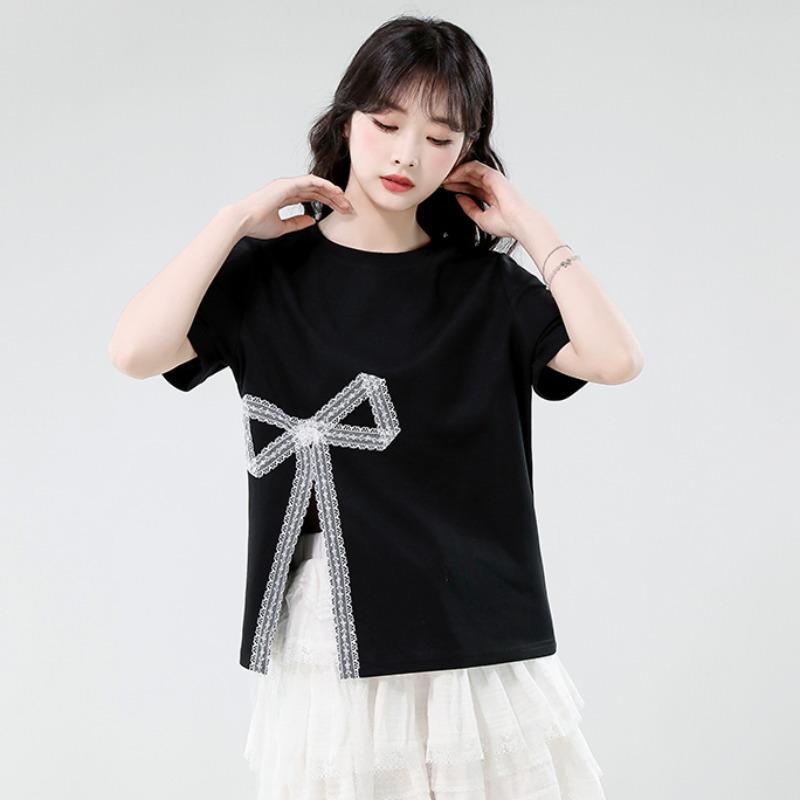 Women's Irregular Split Short-Sleeve Tee, Summer 2025, Loose Fit for Petite, Bowknot Design