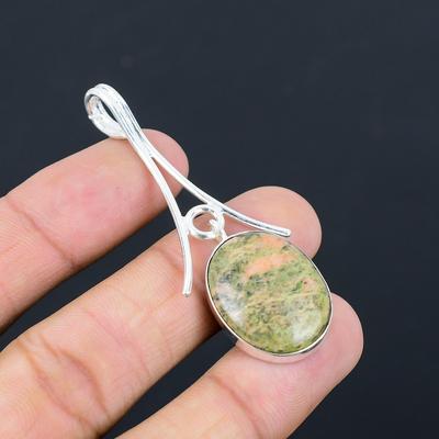 Natural Unakite Gemstone Pendant Green 925 Sterling Silver Indian Jewelry