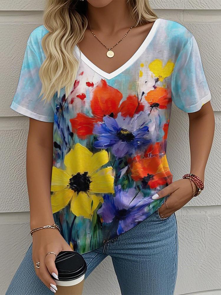 Flower Floral Painting 3D Print T-Shirts Women's V-Neck Short Sleeve T Shirt Y2K Oversized Tees Harajuku Tops Female Clothing
