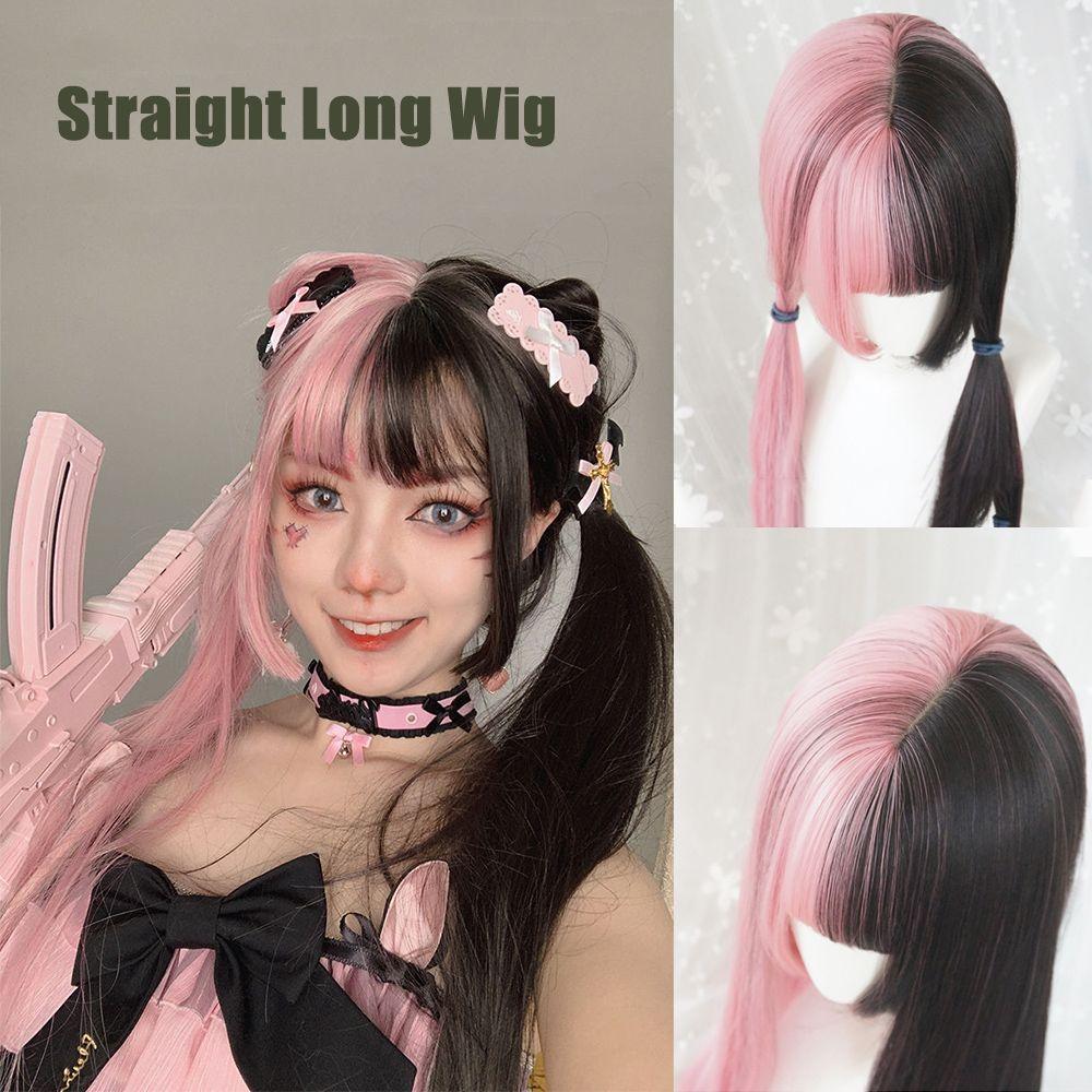 Long Thick Cosplay Synthetic Bangs Black&pink Wig Long Straight Hair Double Color Toupee Lolita
