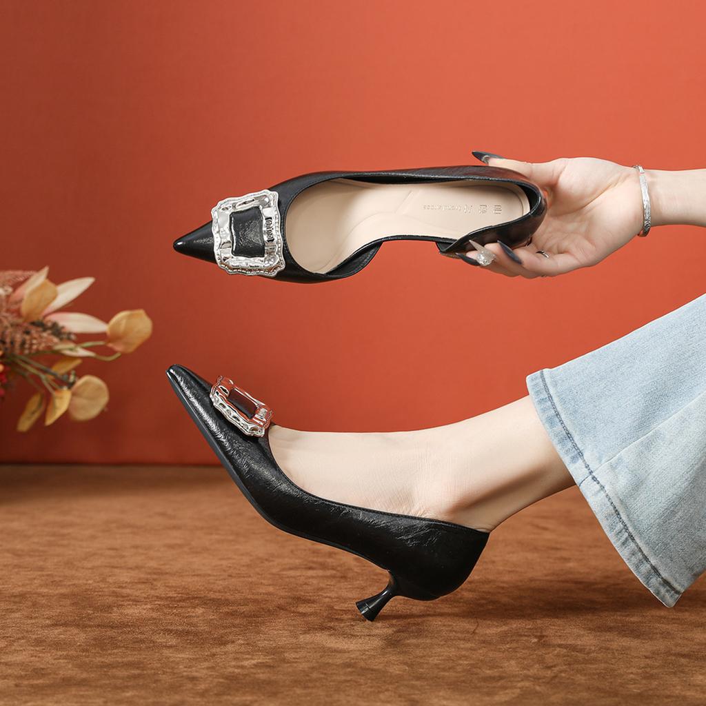 High-end Side Empty High Heels, Red Thin Heel 5cm Soft Sole, Not Tired Feet, Pointed Women's Fashion Square Buckle Single Shoes Women