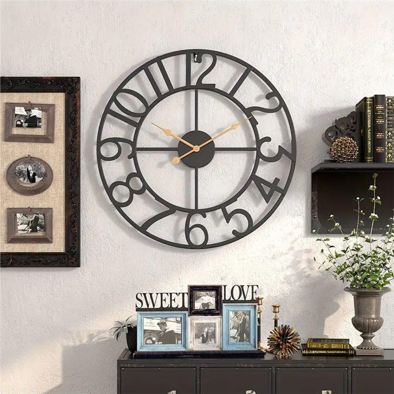 A84X-Rustic Metal For Living Room Wall Clock-Vintage 16 Inch Round Silent Non-Ticking Battery Operated Clock