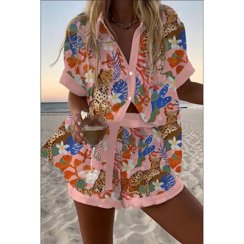 Sommar Ny Dam Tryckt Kortärmad Skjorta Set Hög Midja Löst Tryckt Shorts Tvådelat Casual Mångsidigt Set