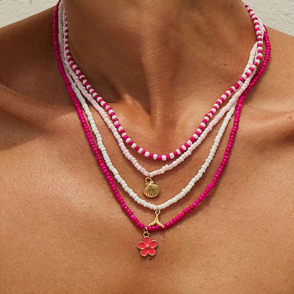 PuRui Boho 4Pcs/Set Exotic Style Mini Flower Scallop Pendant Metal Necklace Summer Handmade Beads Clavicle Chain Ethnic Zircon